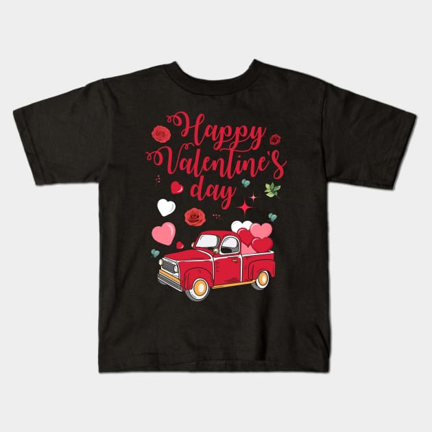 Red Car With Hearts Happy Valentine's Day Kids T-Shirt by NatalitaJK